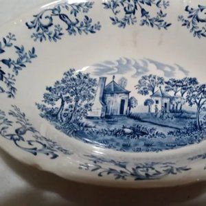 Vintage Serving Vegetable Bowl Blue & White 2-Handled Ironstone